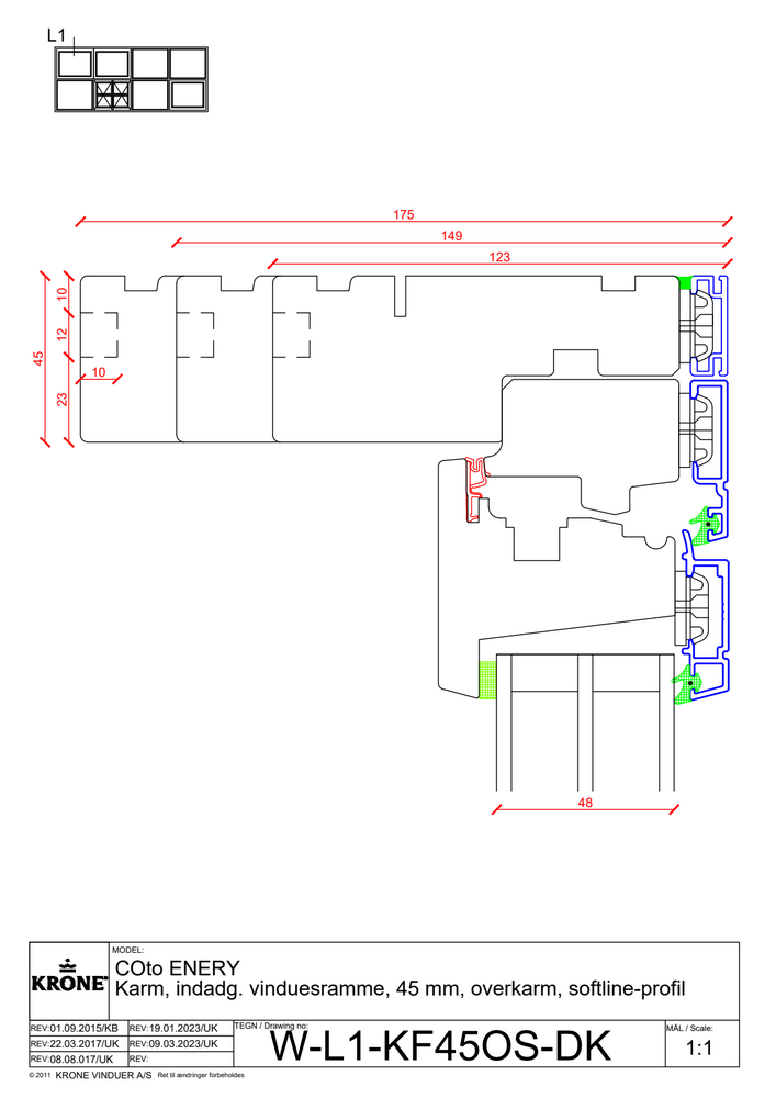 Indadg. vinduesramme, 45 mm, overkarm, softline-profil