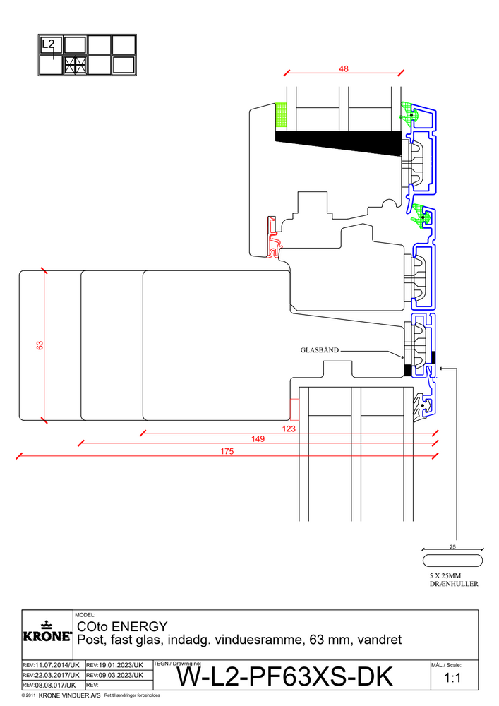 Fast glas, 63 mm, vandret, softline-profil