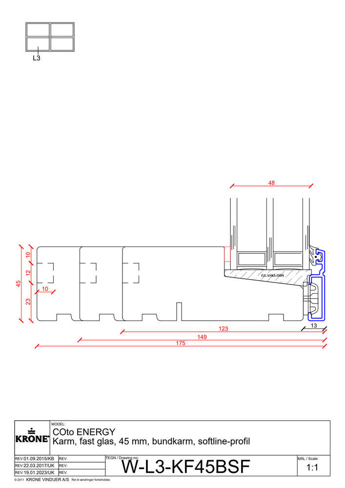 Fast glas, 45 mm, bundkarm, softline-profil