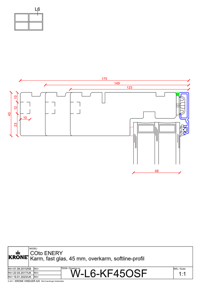 COto ENERGY Karm, fast glas, 45 mm, overkarm, softline-profil