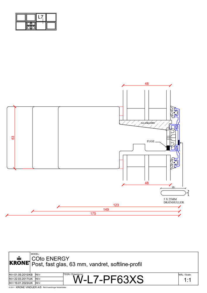 COto ENERGY post, fast glas, 63 mm, vandret, softline profil