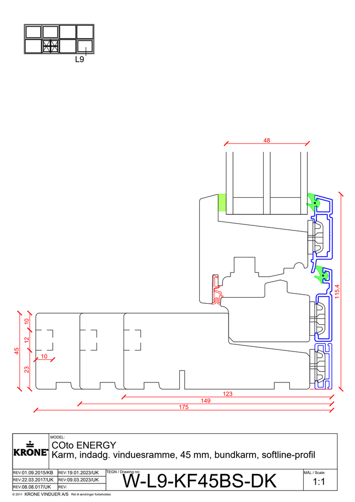 COto ENERGY karm, indadgående vinduesramme, 45 mm, bundkarm, softline profil