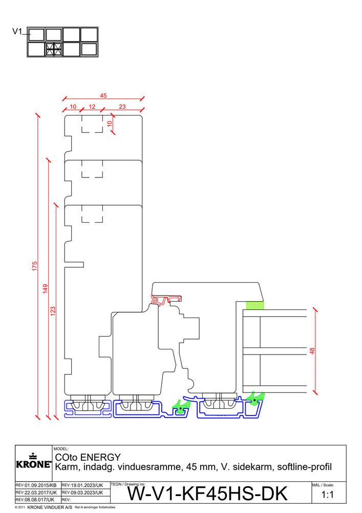 COto ENERGY karm, indadgående vinduesramme, 45 mm, venstre sidekarm, softline profil