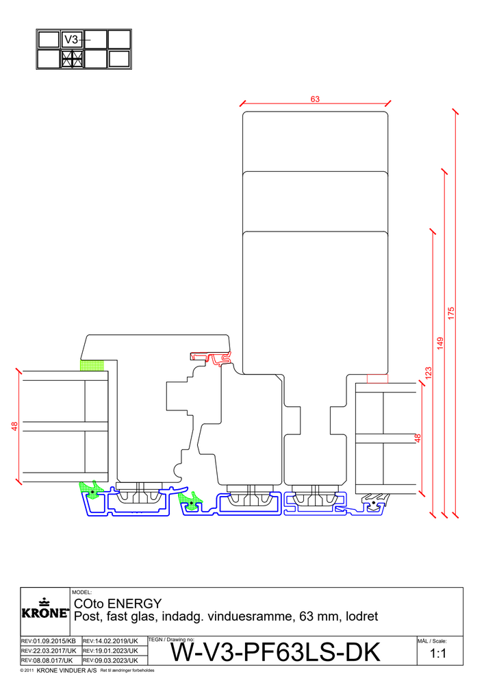 COto ENERGY 63 post, fast glas, indadgående vinduesramme, 63 mm, lodret