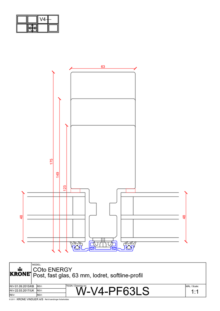 COto ENERGY 63/123 post, fast glas, 63 mm, lodret, softline profil