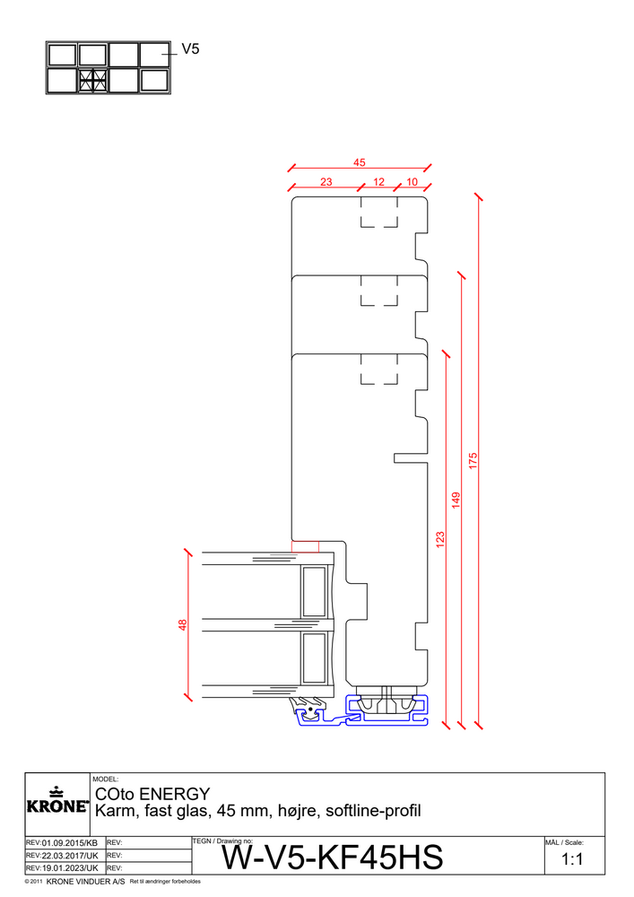 COto ENERGY karm, fast glas, 45 mm, højre sidekarm, softline profil