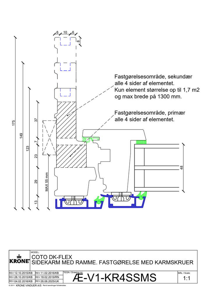 COto DK-FLEX sidekarm med ramme, fastgørelse med karmskruer