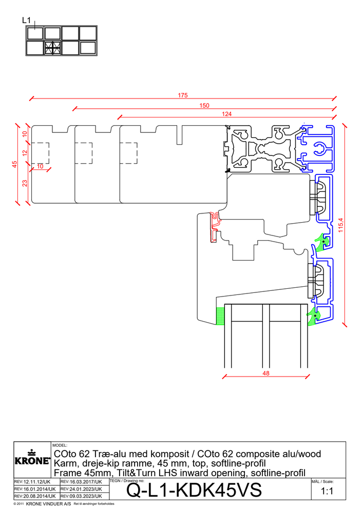 COto 62 træ/alu med komposit, karm, dreje/kip ramme, 45 mm, top, softline profil