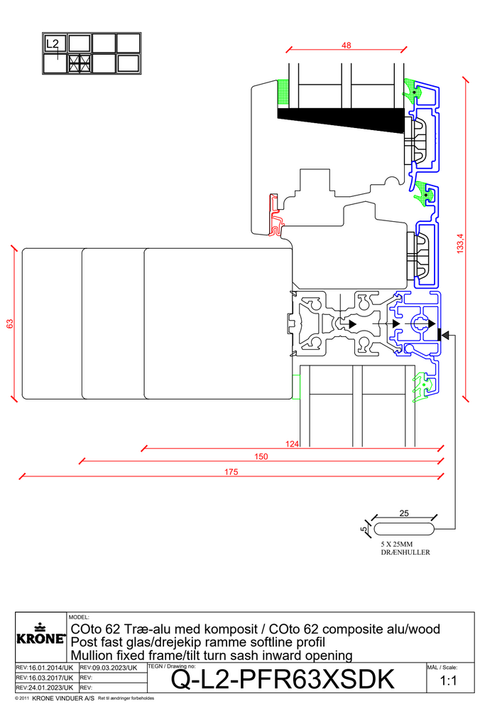 COto 62 træ/alu med komposit, post, fast glas/kip/dreje ramme, softline profil