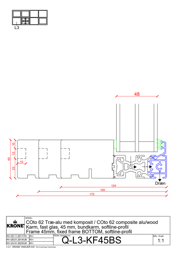 COto 62 træ/alu med komposit, karm, fast glas, 45 mm, bundkarm, softline profil