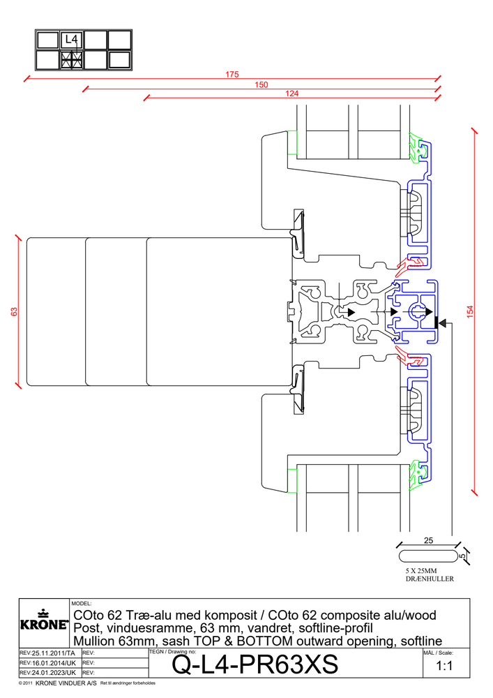 COto 62 træ/alu med komposit, post, vinduesramme, 63 mm, vandret, softline profil