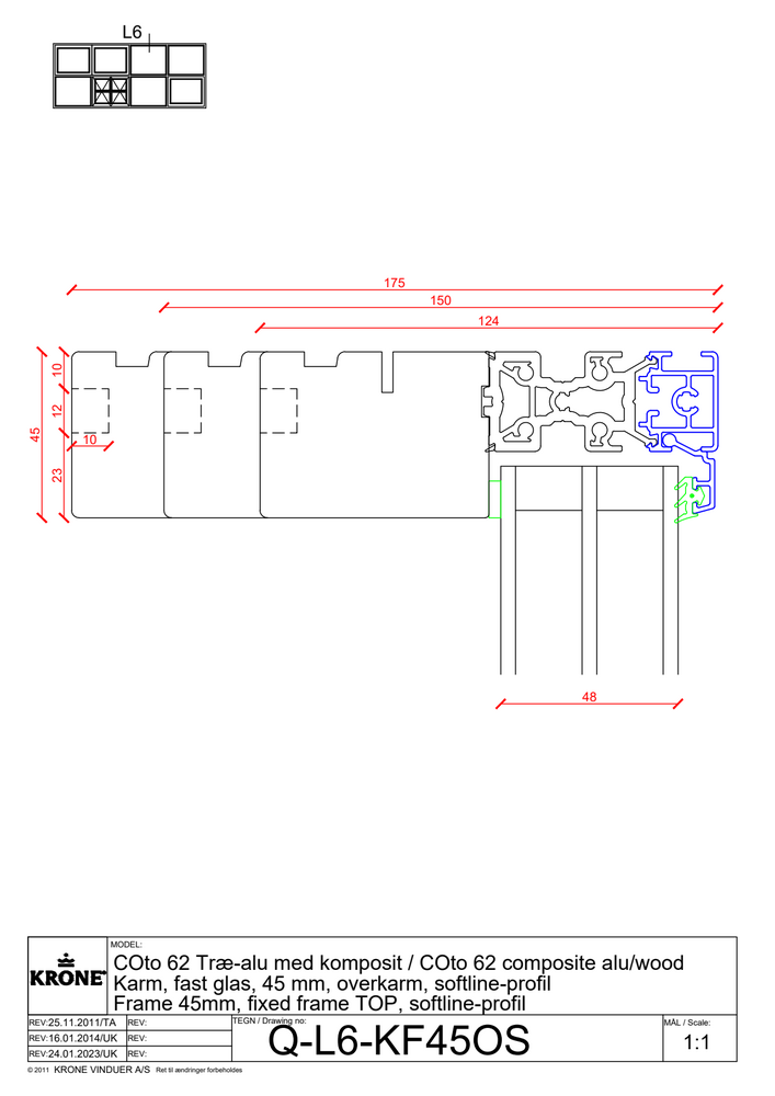 COto 62 træ/alu med komposit, karm, fast glas, 45 mm, overkarm, softline profil