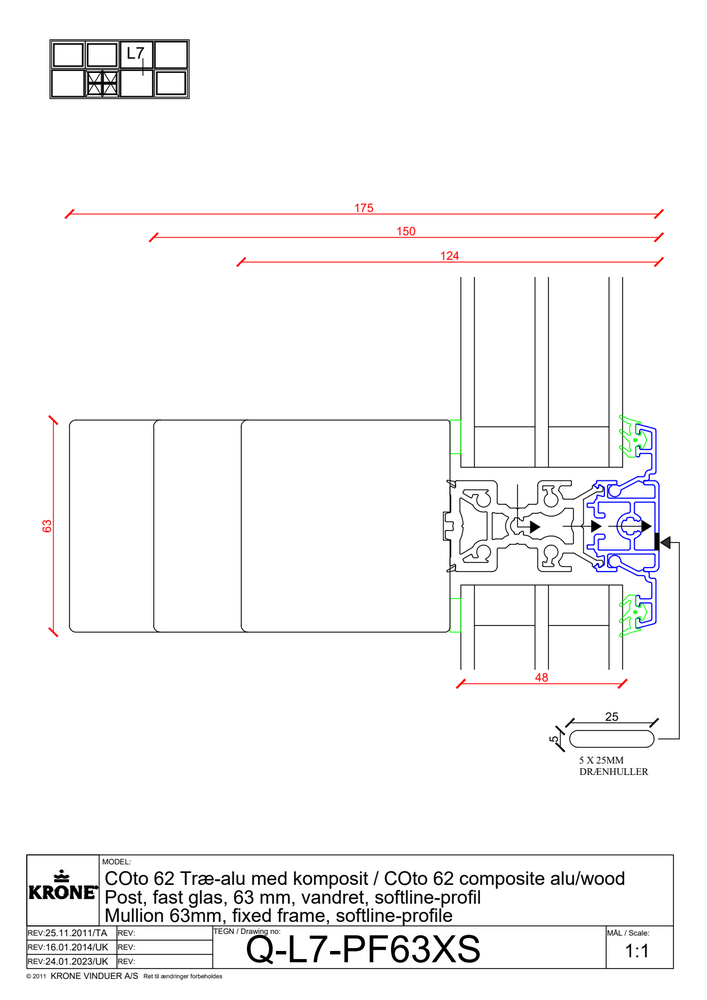 COto 62 træ/alu med komposit, post, fast glas, 63 mm, vandret, softline profil