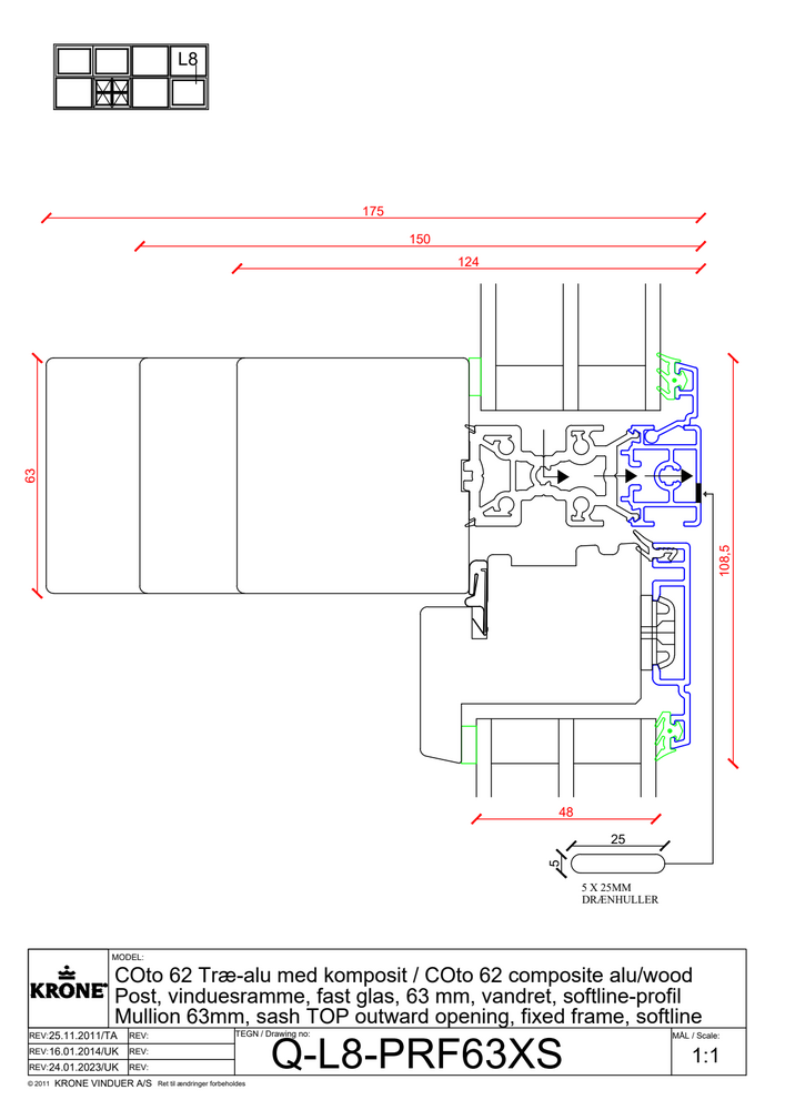 COto 62 træ/alu med komposit, post, vinduesramme/fast glas, 63 mm, vandret, softline profil