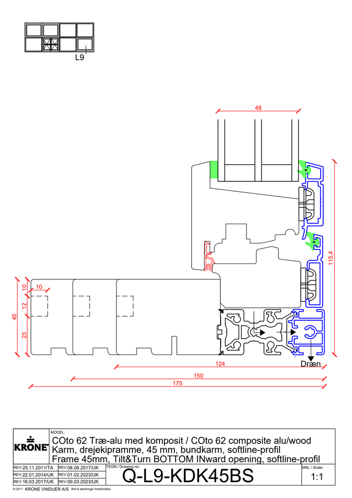 COto 62 træ/alu med komposit, karm, kip/dreje ramme, 45 mm, bundkarm, softline profil