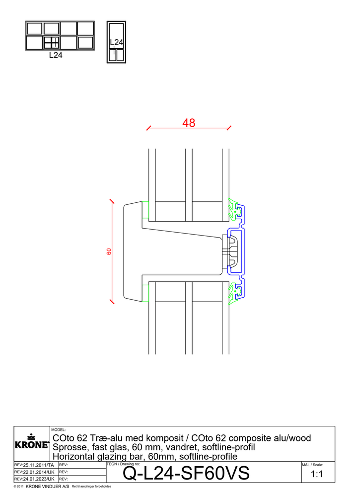 COto 62 træ/alu med komposit, sprosse, fast glas, 60 mm, vandret, softline profil