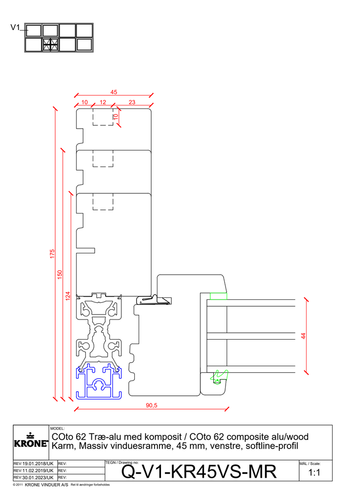 COto 62 træ/alu med komposit, karm, massiv vinduesramme, 45 mm, venstre sidekarm, softline profil