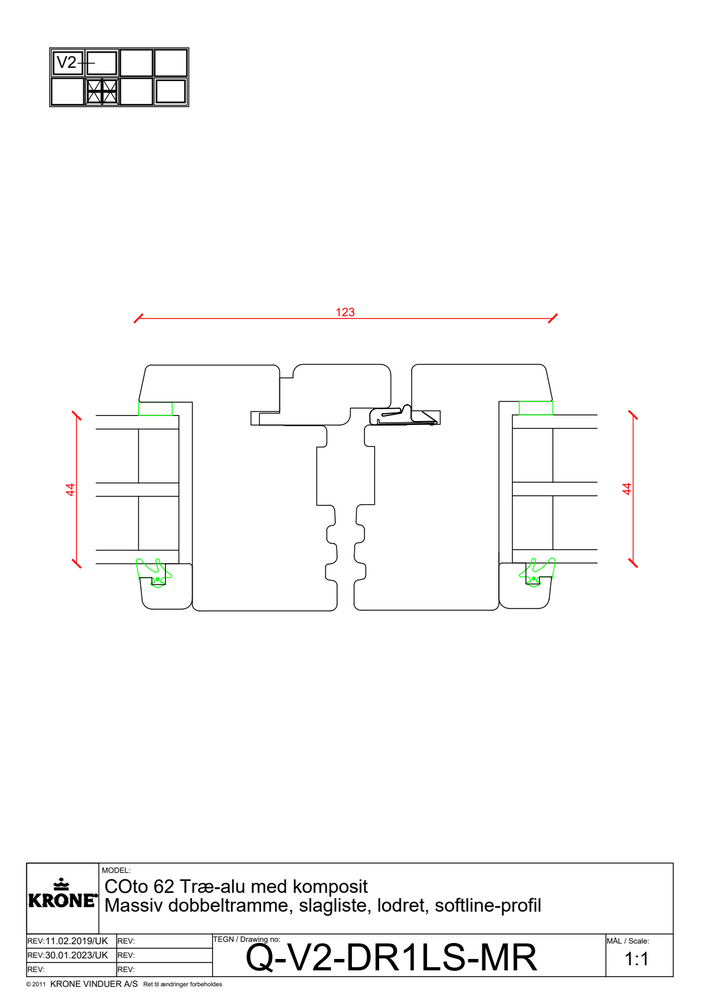 COto 62 træ/alu med komposit, massiv dobbeltramme, slagliste, lodret, softline profil
