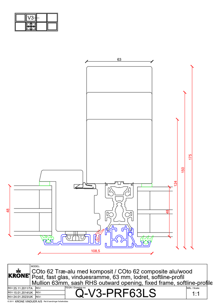 COto 62 træ/alu med komposit, post, fast glas, vinduesramme, 63 mm, lodret, softline profil