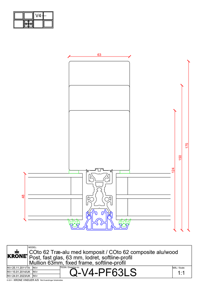 COto 62 træ/alu med komposit, post, fast glas, 63 mm, lodret, softline profil