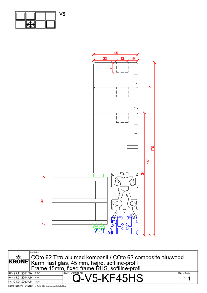 COto 62 træ/alu med komposit, karm, fast glas, 45 mm, højre sidekarm, softline profil
