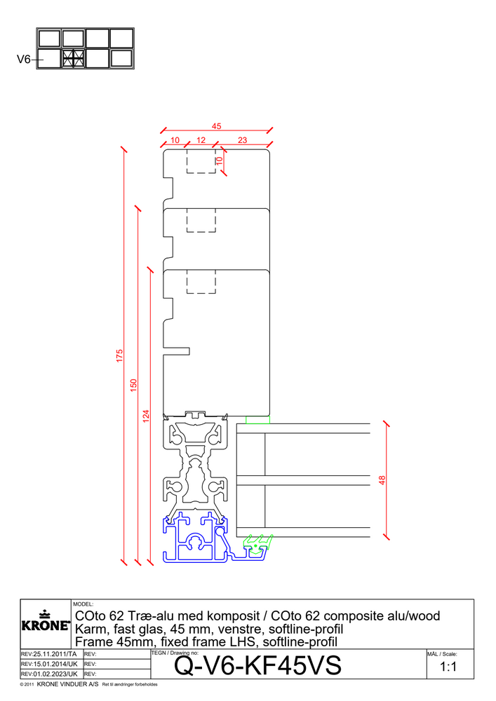 COto 62 træ/alu med komposit, karm, fast glas, 45 mm, venstre sidekarm, softline profil