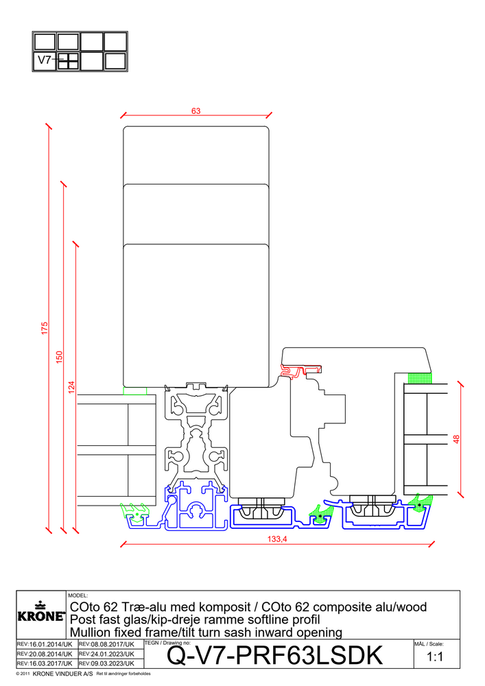 COto 62 træ/alu med komposit, post, fast glas/kip/dreje ramme, softline profil