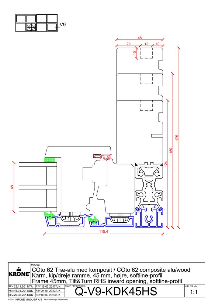 COto 62 træ/alu med komposit, karm, kip/dreje ramme, 45 mm, højre sidekarm, softline profil