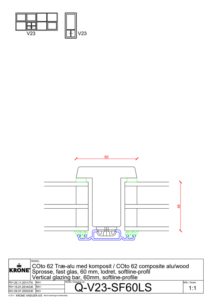 COto 62 træ/alu med komposit, sprosse, fast glas, 60 mm, lodret, softline profil