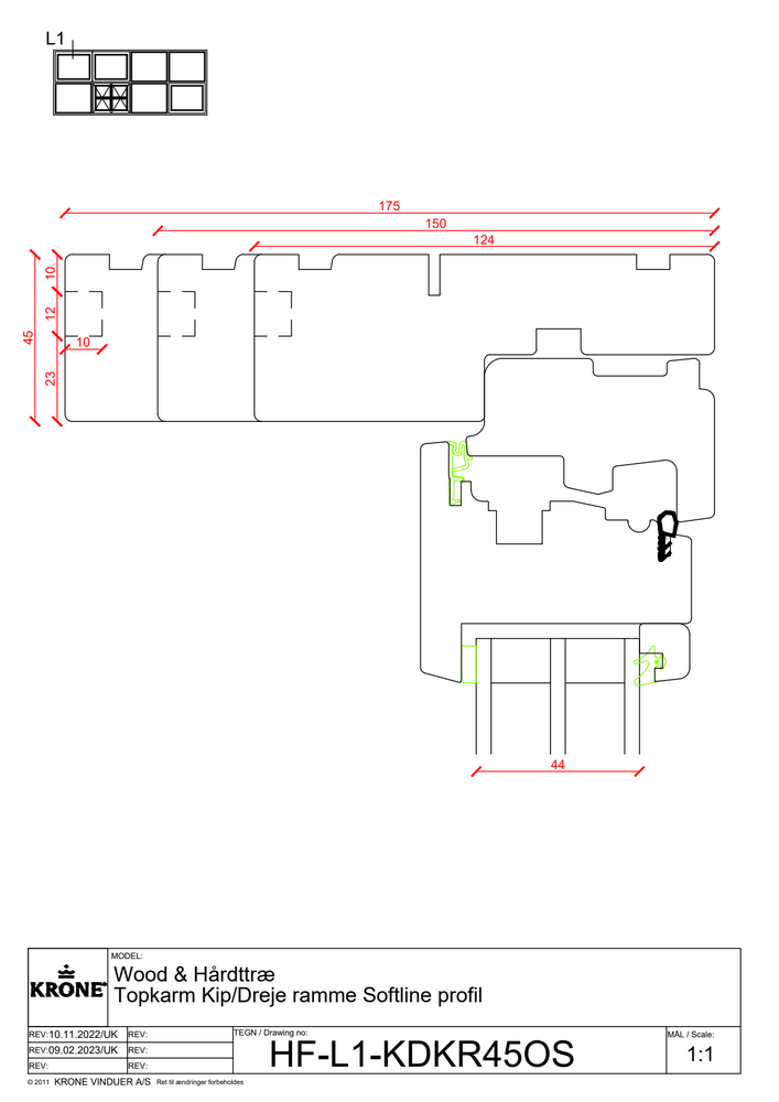 KRONE Wood fyrretræ/hårdttræ, topkarm, kip/dreje ramme, softline profil