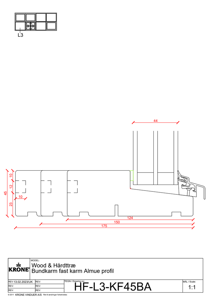 KRONE Wood fyrretræ/hårdttræ, bundkarm, fast karm, almue profil