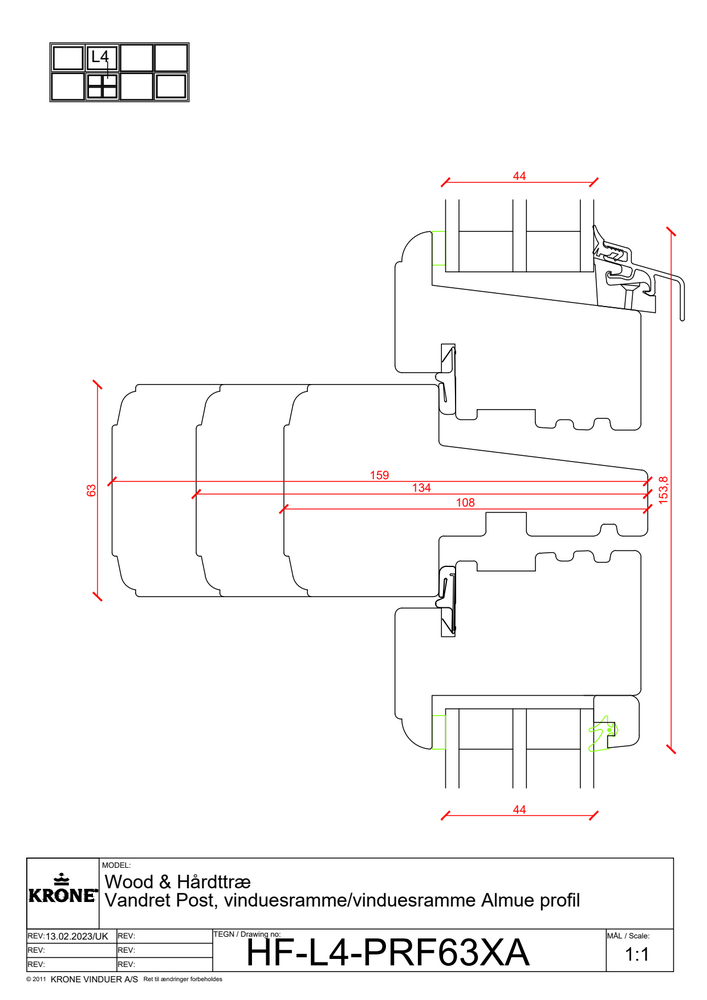 KRONE Wood fyrretræ/hårdttræ, vandret post, vinduesramme/vinduesramme, almue profil