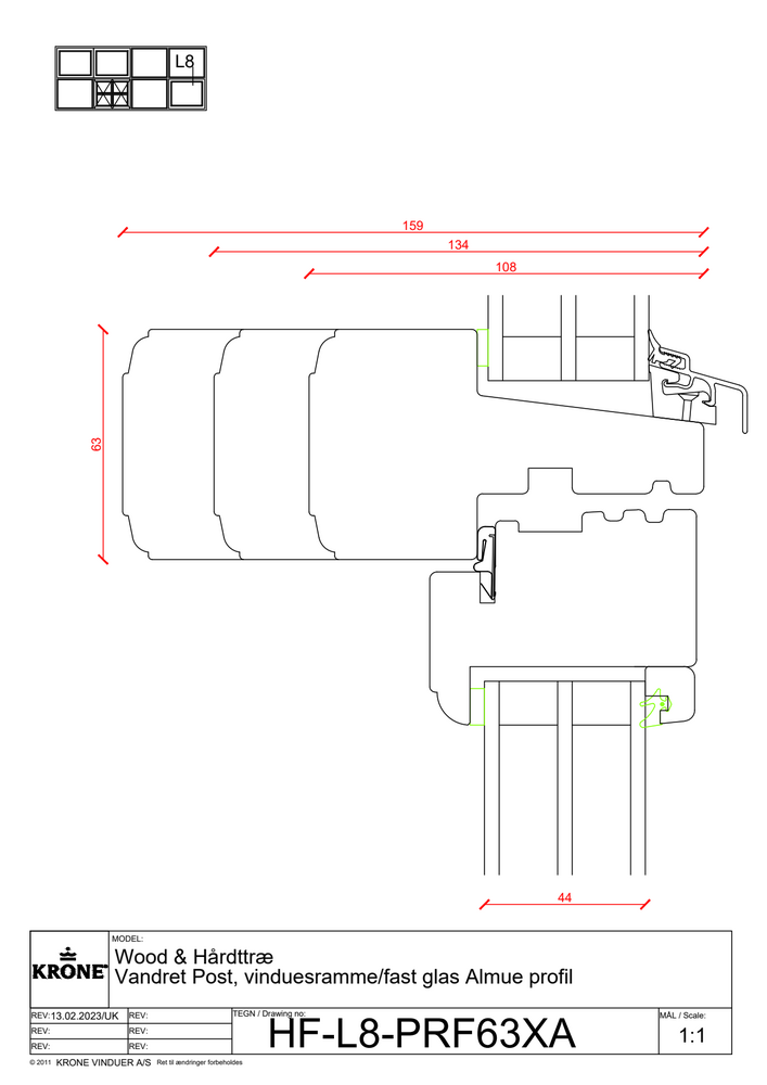 Wood & Hårdttræ – Vandret post, vinduesramme/fast glas, Almue profil