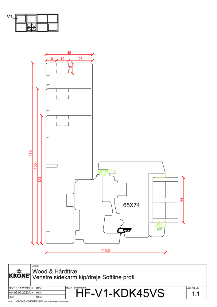 Wood & Hårdttræ – Venstre sidekarm, kip/dreje, Softline profil