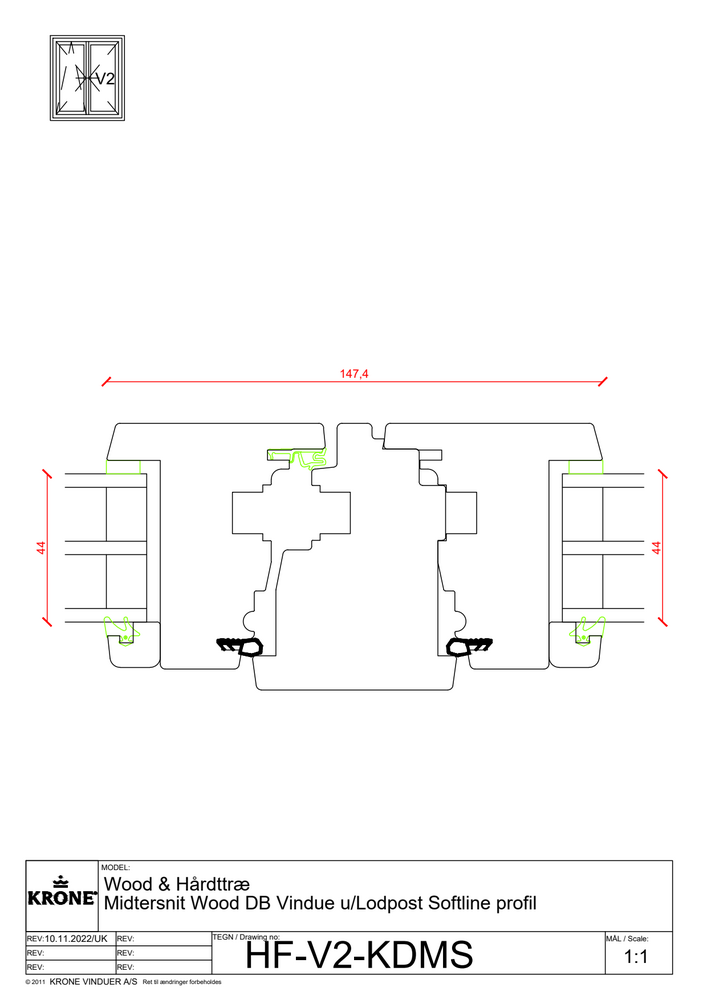 Wood & Hårdttræ – Midtersnit, Wood DB vindue u/lodpost, Softline profil