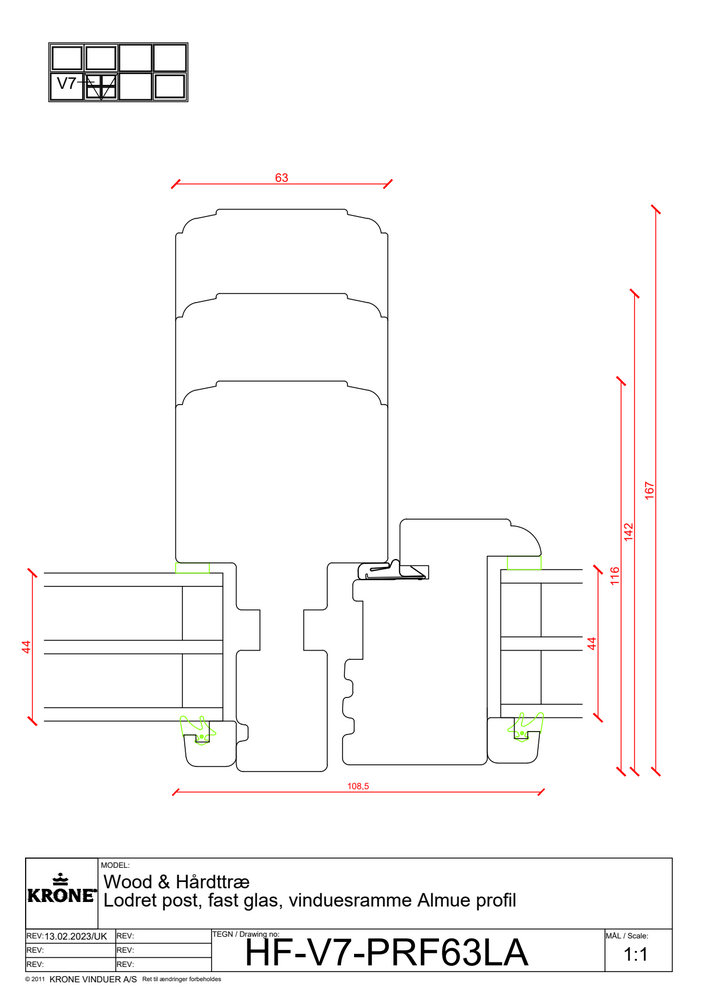 Wood & Hårdttræ – Lodret post, fast glas/vinduesramme, Almue profil
