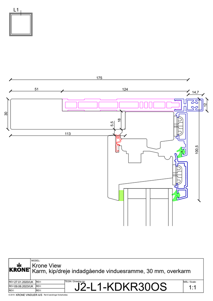 Krone View – Karm, kip/dreje indadgående vinduesramme, 30 mm, overkarm
