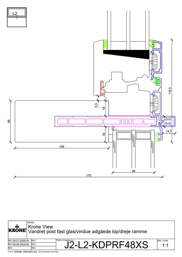 Krone View – Vandret post, fast glas/vindue, indadgående kip/dreje ramme