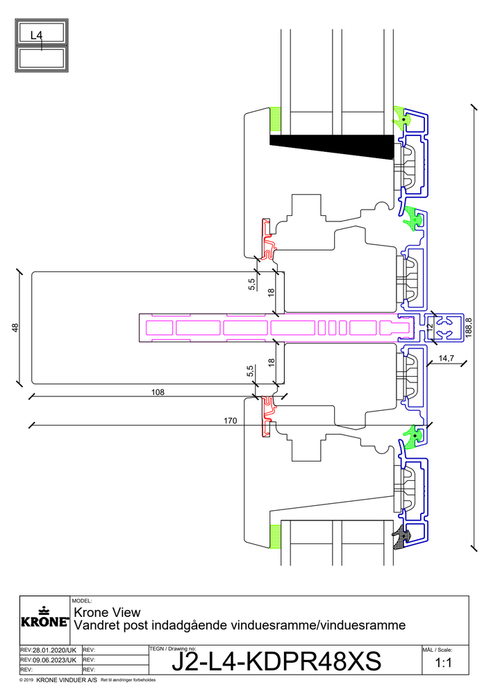 Krone View – Vandret post, indadgående vinduesramme/vinduesramme