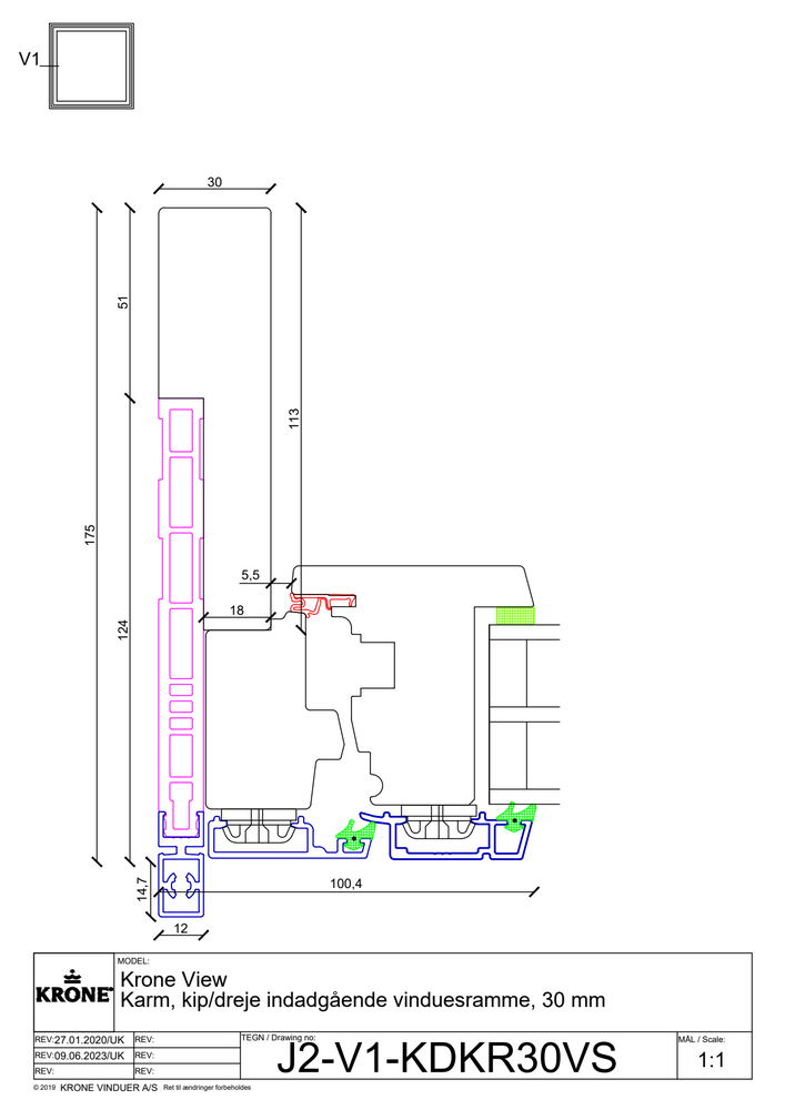Krone View – Karm, kip/dreje indadgående vinduesramme, 30 mm