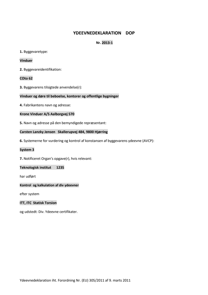 Ydeevnedeklaration (DoP) – KRONE COto62