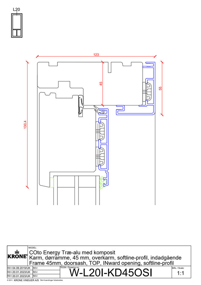 COto Energy træ/alu med komposit – Karm, dørramme, 45 mm, overkarm, Softline profil, indadgående