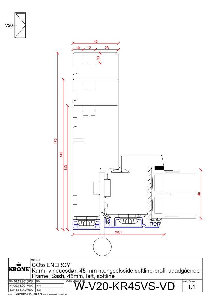 COto Energy – Karm, vinduesdør, 45 mm, hængselsside, Softline profil, udadgående