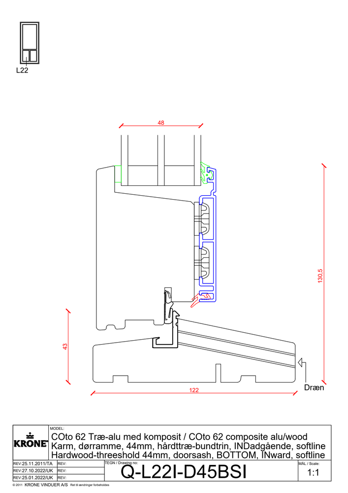 COto 62 træ/alu med komposit – Karm, dørramme, 44 mm, hårdttræsbundtrin, indadgående, Softline profil
