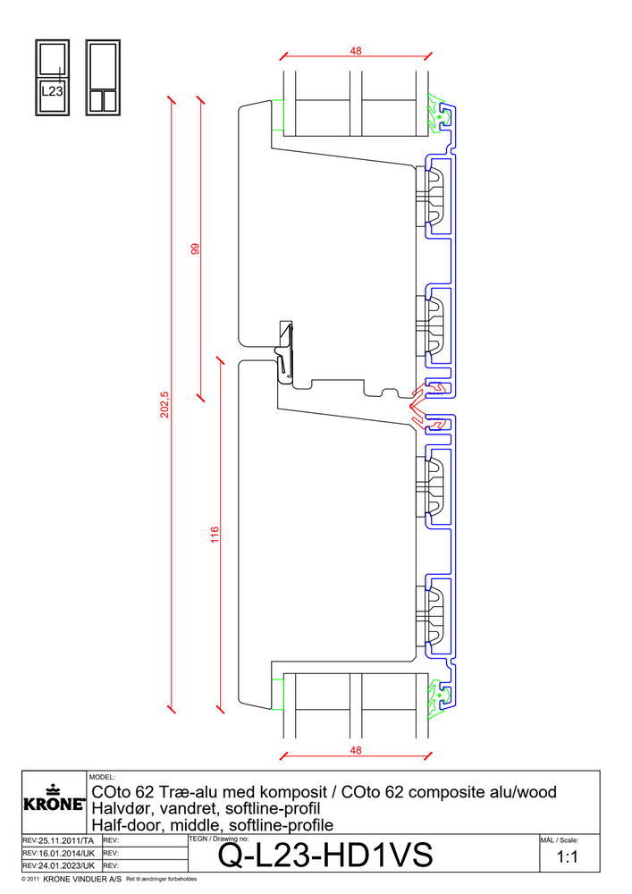 COto 62 træ/alu med komposit – Halvdør, vandret, Softline profil