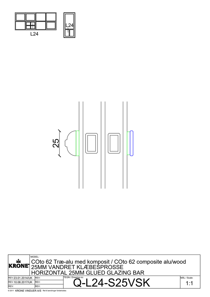 COto 62 træ/alu med komposit – 25 mm vandret klæbesprosse