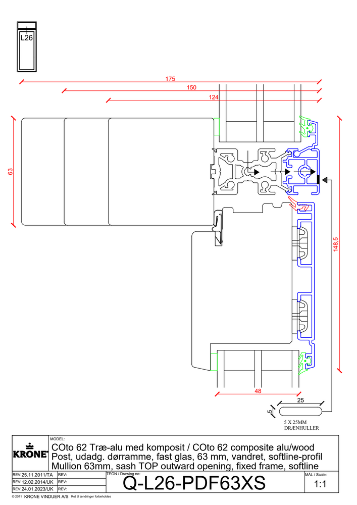 COto 62 træ/alu med komposit – Post, udadgående dørramme/fast glas, 63 mm, vandret, Softline profil