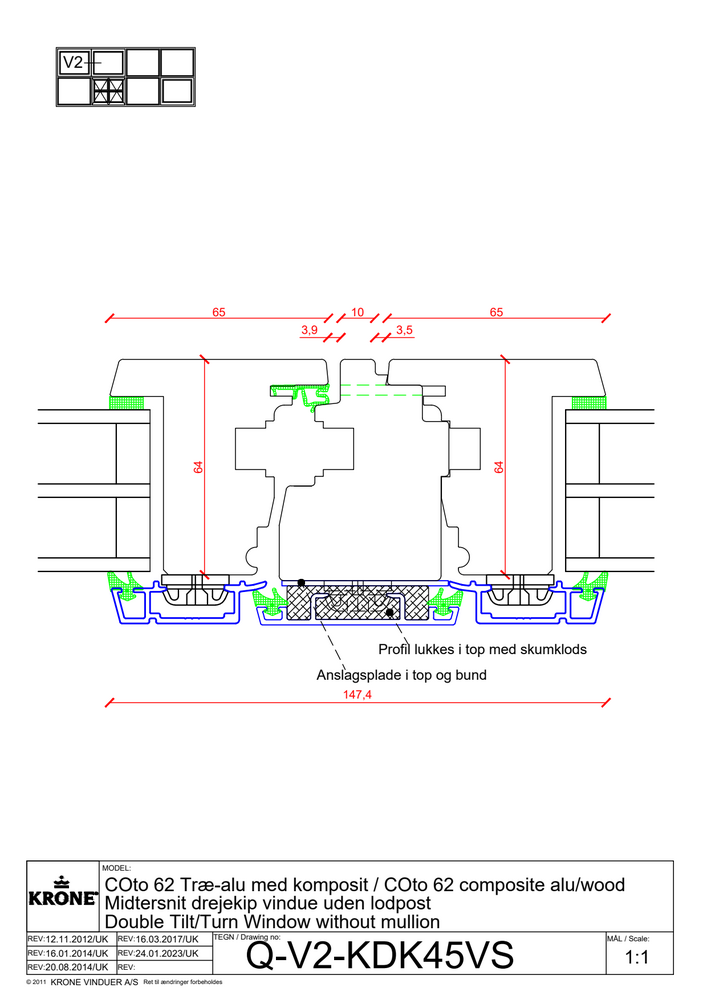 COto 62 træ/alu med komposit – Midtersnit, dreje/kip vindue uden lodpost
