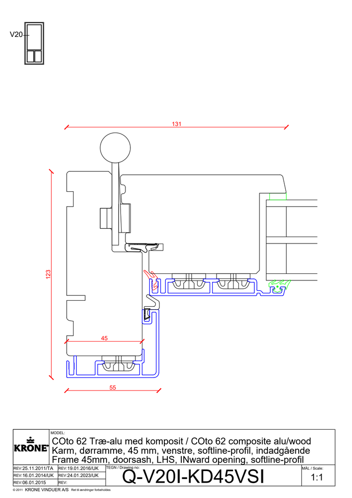 COto 62 træ/alu med komposit – Karm, dørramme, 45 mm, venstre, Softline profil, indadgående