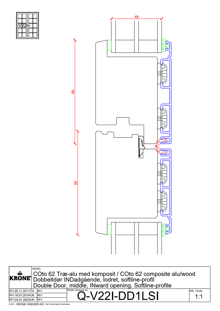 COto 62 træ/alu med komposit – Dobbeltdør, lodret, indadgående, Softline profil